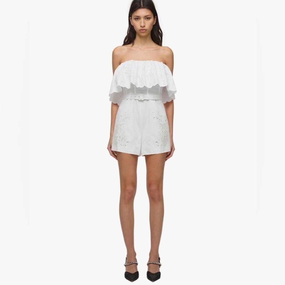 SELF-PORTRAIT White Broderie Anglaise Playsuit Belted w/ Ruffles Size 4 NWT